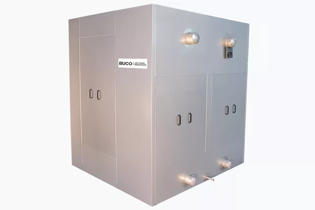 The image shows a Baudelot ice water cooler in pumped mode, designed without a water collection tank. The image shows a Baudelot ice water cooler in pumped mode, designed without a water collection tank.